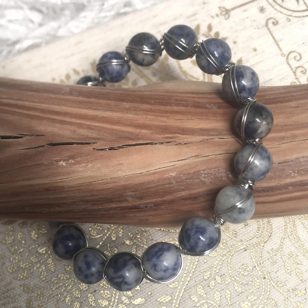 New Handcrafted Blue Sodalite Gemstone Bead Silver Tone Wire Wrapped Bracelet
